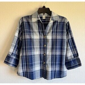Rebecca Malone Women's Blue Plaid 3/4 Sleeve Button Down Blouse Large